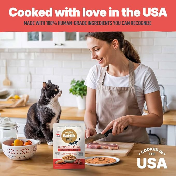 Because It's Better Pate Complete Meal, Turf & Surf Recipe, 2.6 oz Pouches, Wet Cat Food, 12 Count