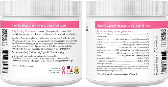 Wholistic Pet Organics Probiotics for Dogs with Digestive Enzymes & Prebiotic Fiber - 8 Oz - Daily Cat & Dog Probiotics for Digestive Health, Anti Diarrhea & Gut Support - Cat Probiotic - 227 Scoops