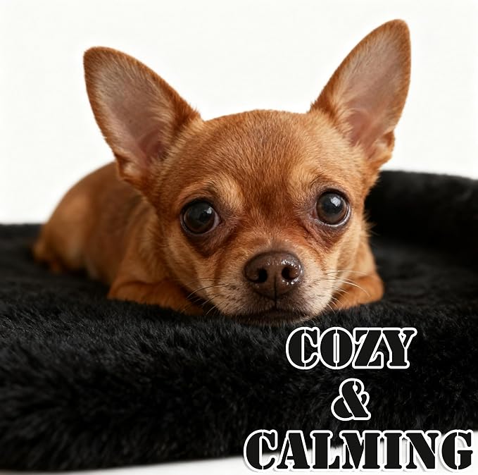 Calming Dog & Cat Beds for Small Medium Dogs Cats, Anti-Anxiety Plush Pets Lounge Couch Sofa Orthopedic Cushion, Soft Fluffy Faux Fur Washable, Fits up to 25 lbs Pets (Oval, Black 26"x20")
