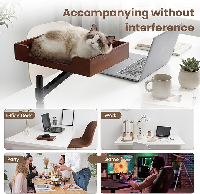 Cat Desk Bed - Classy Bamboo Base Come with Plush Bedding Stable and Sturdy Clamp Can Adjust Height 360° Rotation Have Your Precious Cat Watching While You Study or Work Up to 33 lb Load