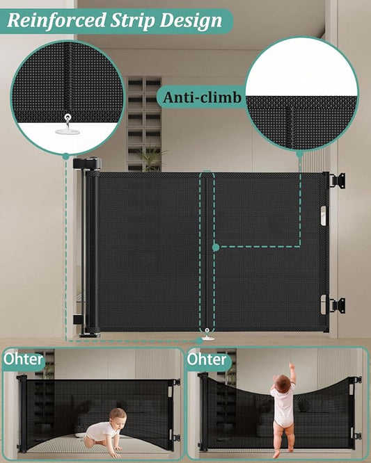 59 inch Retractable Baby Gates 34 inch Tall, Retractable Gate with Reinforced Strip Design to Prevent Crawling Through, 5 FT Retractable Dog Gate for Stairs, Doorways, Hallways, Indoor/Outdoor