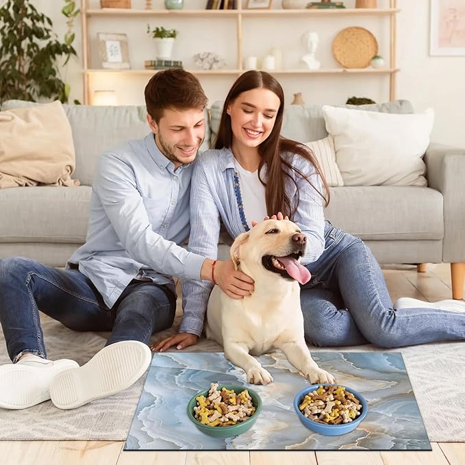 Abstract Marble Dog Food Mat for Floors Absorbent, Quick Dry Water Dispenser Mat for Food, Water, Pet Supplies 12" x 20", White Yellow