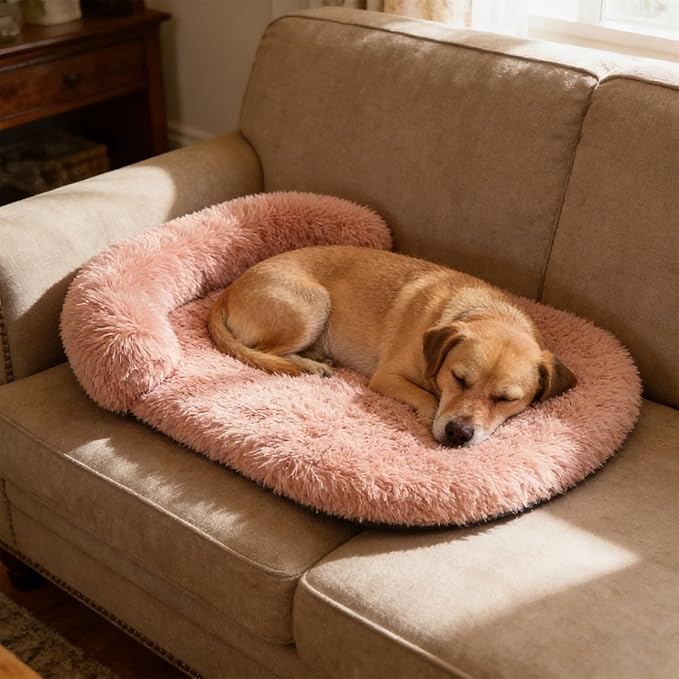 Calming Dog Beds for Medium Large Dogs, Orthopedic Cushion Plush Large Pet Bed Lounge with Washable Cover, Anti-Anxiety Soft Fluffy Faux Fur Fits up to 60 lbs Pets (Oval, Blush 40"x30")