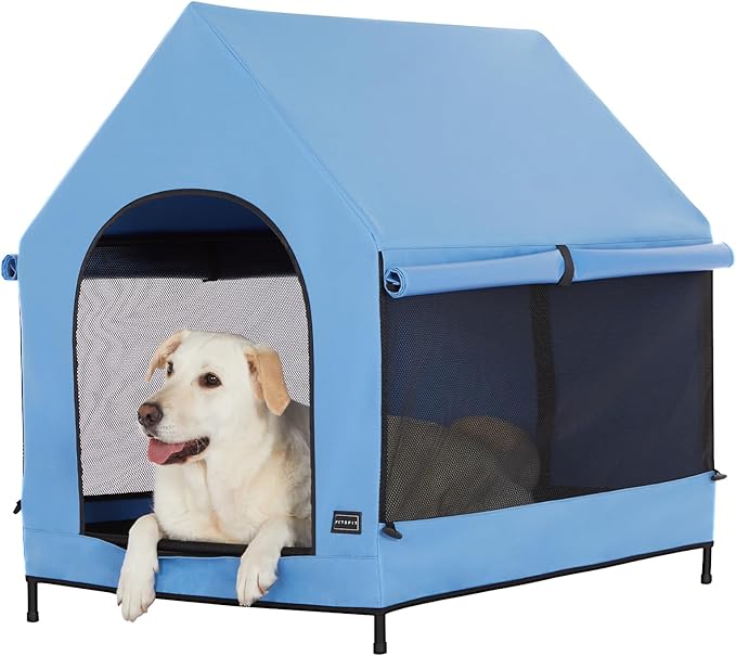 PETSFIT Dog House Outdoor, Upgraded Dog Shelter with Weatherproof PVC Canopy, Breathable Mesh Windows and Sunshades, Elevated Dog Bed with Protable Carring Case (Blue)