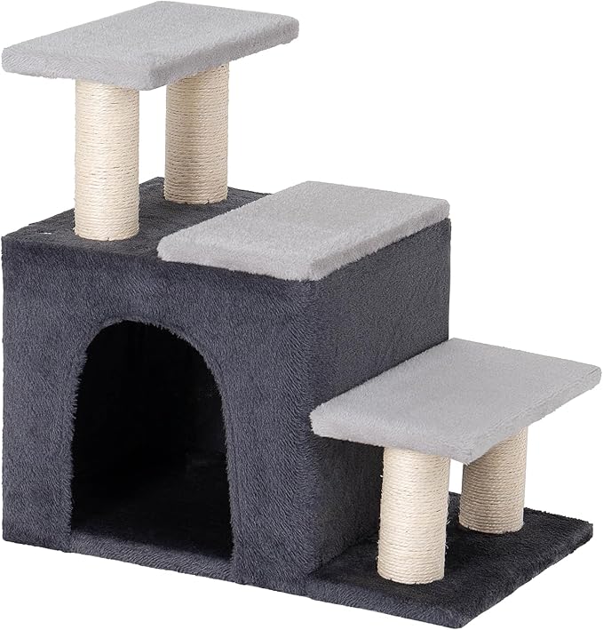 3-in-1 Pet Stairs for Cats, Dog Steps for Doggie Rabbits,7.8'' Depth Cat Stairs,Indoor Cat Steps for High Bed for Pet's Joints, Soft Plush, 1 Big Cat Condo Cave, Sisal Scratcher, Grey, Large