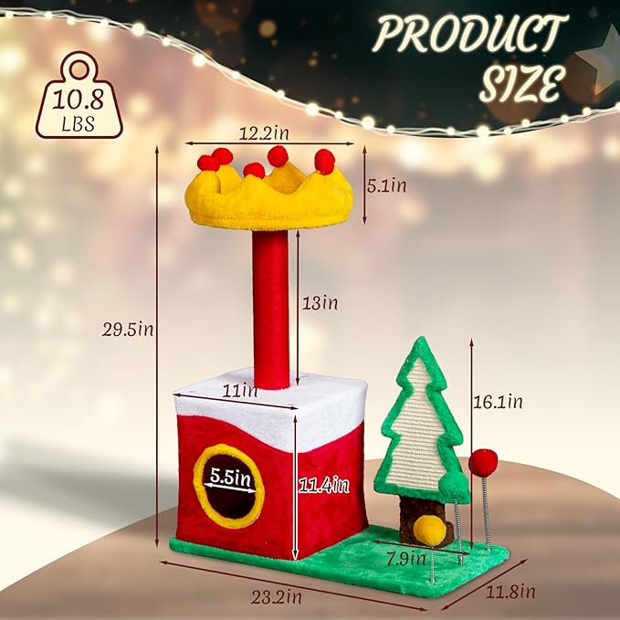 Outvita 29.5in Christmas Outvita Themed Plush Cat Tree, Multi-Level Cat Tower with Cat Condo, Top Crown Perch, Sisal Scratching Posts, Cat Pet Activity Center for Indoor Cats