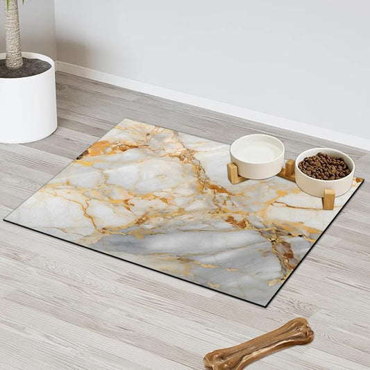 Marble Dog Food Mat for Floors Absorbent, Quick Dry Water Dispenser Mat for Food, Water, Pet Supplies 16" x 24", Golden White Abstract