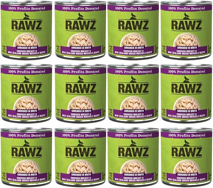 Rawz - in Broth Canned Adult Dog Food (Shredded Chicken in Broth) with New Zealand Green Mussels - 12 Cans -10 OZ Cans (Chicken Breast&Mussels-Shredded)