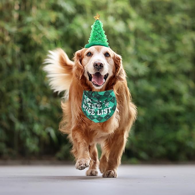Pet Christmas Hat and Holiday Bandana Set, Adjustable Soft Green Checkered Fabric, 2pcs Festive Dog Costume for Christmas Party and Seasonal Pet Supplies