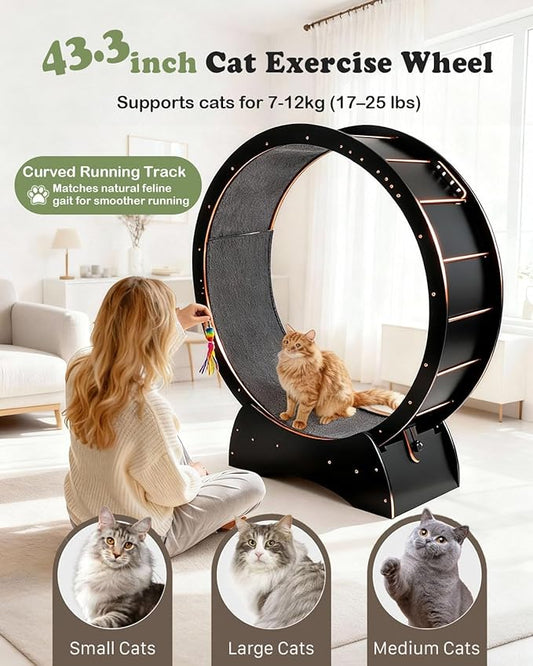 43.3" Cat Exercise Wheel for Large Indoor Cats, Black Cat Running Wheel with 2 Replacement Carpets, Silent Cat Treadmill with Locking Mechanism, Sturdy Cat Fitness Furniture for Cats up to 25 lbs