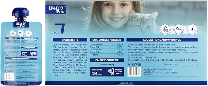 Squeezable Functional Cat Treat & Meal Topper – Chicken & Tuna with Fish Oil – Hairball & Digestive Support with Prebiotic Fiber – Grain-Free, 7 Pouches (2.8 oz Each / 19.7 oz Total)