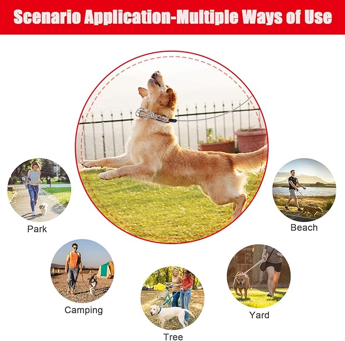 jenico Dog Tie Out Cable, 10/15/20/30/40/50/70/100/150FT Runner Cable with Swivel Hook and Shock Spring, Dog Leash Run Tether for Yard Outdoor and Camping,for Small to Medium Pets Up to 500 LBS