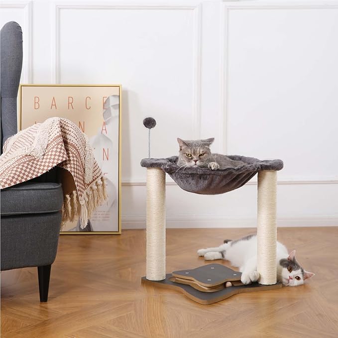 FluffyDream Cat Scratching Post for Indoor Cats, Small Cat Tree Tower with Hammock,Wooden Interactive Ball Track for Kitten and Adult Cats,18inches (Grey)