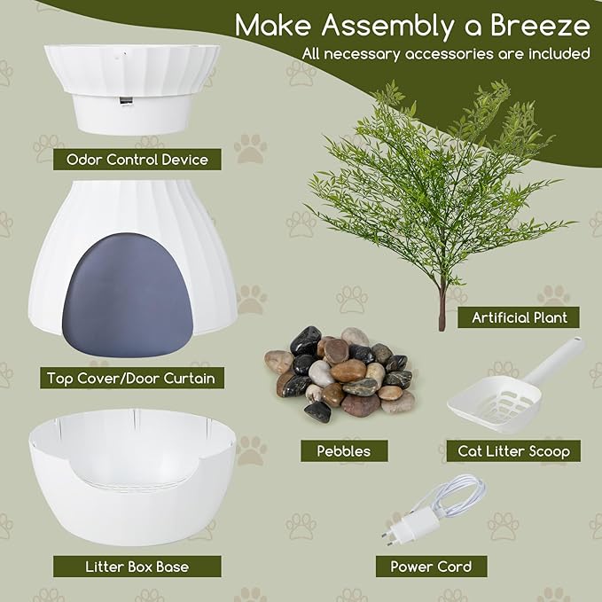 Tangkula Plant Litter Box, Hidden Cat Litter Box Enclosure Furniture with Smart Odor Control System, Artificial Plant, Large Planter Litter Box with Door Curtain, Pebbles, Scoop for Cats, Kitty