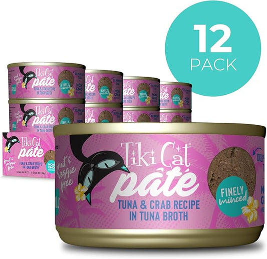 Tiki Cat Grill Pâté, Tuna & Crab, High-Protein and 100% Non-GMO Ingredients, Wet Finely Minced Cat Food for All Life Stages, 2.8 oz. Cans (Pack of 12)