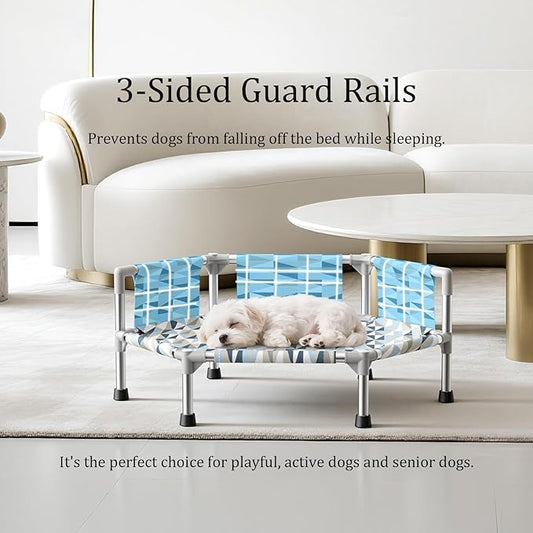 Elevated Dog Bed with Guardrail, Cooling Outdoor Pet Cot with 3-Sided Fence,Raised Dog Cot with 6-Metal Frame (Small)