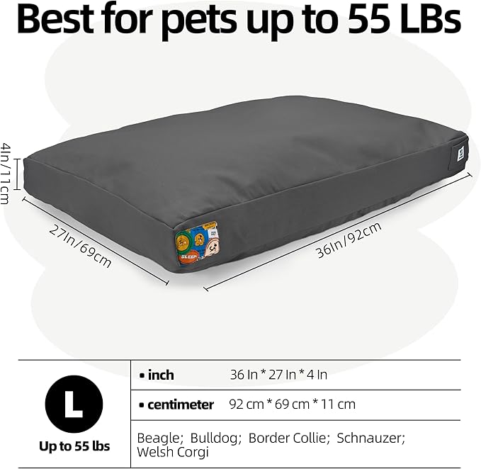 Sytopia 36 Inch Canvas Outdoor Dog Bed for Large Dogs, Waterproof Washable Removable Cover, Indoor Patio Pet Pad for Crate, Dark Grey