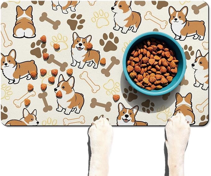 Absorbent Dog Food Mat for Floors, Non-Slip Pet Feeding Mat for Food and Water, Quick Dry Cat Bowl Placemat with Cute Corgi Pattern, No Stains Puppy Water Mat, Pet Supplies (Beige, 12" x 20")