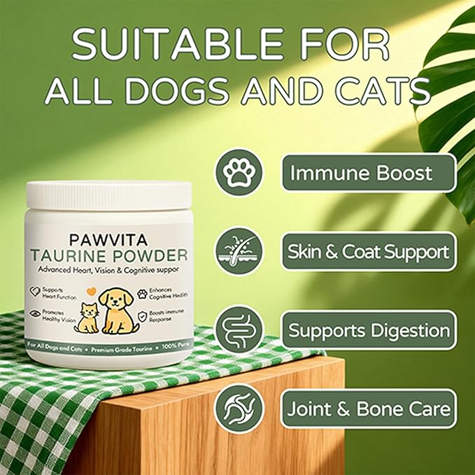 Pawvita Taurine Supplement – 99.9% Pure Taurine Powder for All Dogs and Cats,Advanced Heart, Vision & Cognitive suppor, Easy to Mix in Food200g(1)