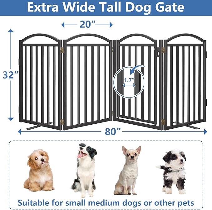 Malier Metal Freestanding Dog Gates with Door, 32'' Height Outdoor Indoor Dog Fences, Extra Wide Foldable Puppy Gate for Stairs (Black, 【4 Panels with Door】 80''W × 32''H)