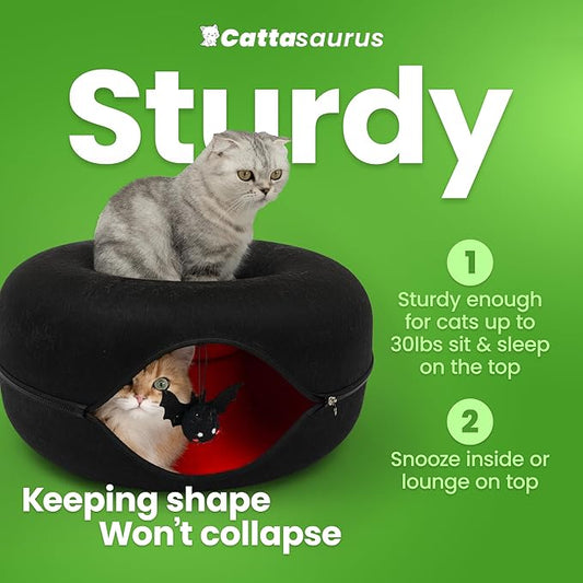 Cattasaurus Unique Gothic Peekaboo Cat Cave for Multiple & Large Cats Up to 30-45 Lbs, Scratch Detachable & Washable Tunnel Bed, Comfy Donut Cat Cave (Gothic Bat, Large)