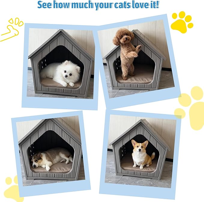 Fancyango Dog House Outdoor Indoor for Small Dogs - Plastic Pet Shelter, Easy-Assemble & Weather-Resistant for Living Room, Balcony (Classic Grey, 23.43" LĂ22.44" WĂ22.24" H)