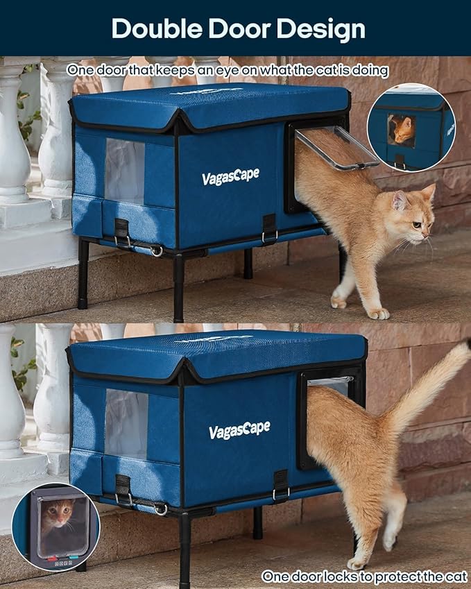 Heated Cat House for Outdoor in Winter, Insulated Weatherproof Cat Shelter with Heating Pad and Safe Escape Door, Waterproof Warm Home for Outside Barn Feral Stray Cat(Blue)