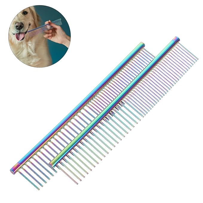 2pcs Stainless Steel Pet Comb for Cats and Dogs, Iridescent Metal Grooming Comb with Rounded Teeth for Shedding and Detangling, Professional Hair Brush for Long and Short Hair Pets