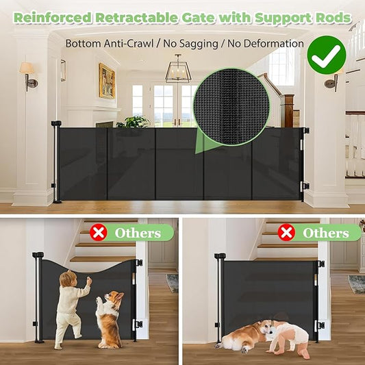 Reinforced 120 Inch Retractable Baby Gates Extra Wide Dog Gate with Support Rods β Prevent Crawling Under, 10 Feet Extra Long Baby Gates for Large Openings, Indoor/Outdoor Retractable Dog Gate, Black