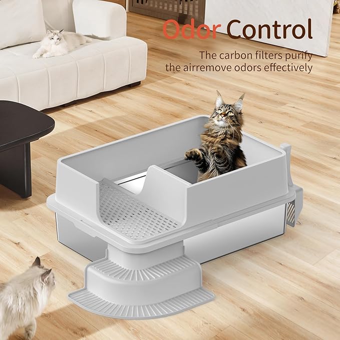 XXXL Stainless Steel Litter Box, 28"x20"x12" Extra Large Semi Enclosed High Sided Metal Cat Litter Box with Filtered Grid, Step, Scoop, Non-Sticky, Non-Odor, Easy Cleaning (Light Gray)