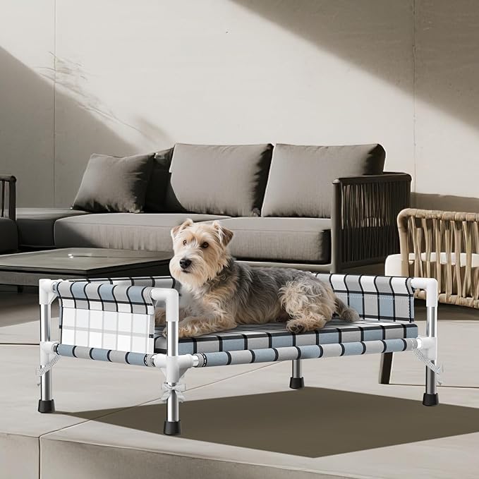 Elevated Raised Outdoor Dog Bed - Cooling Washable Dog Cot with Guardrail, Durable & Breathable Cotton Mesh Pet Hammock Beds with Stainless Steel Pipe Frame for Small Pets (Cushion-(M-))