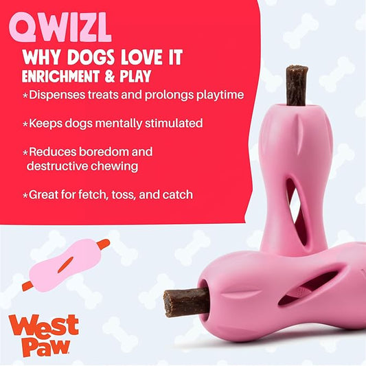WEST PAW Zogoflex Qwizl Dog Puzzle Treat Toy β Interactive Chewing for Dogs β Dispenses Pet Treats β Brightly-Colored Dog Enrichment Toy for Aggressive Chewers, Fetch, Catch, Large 6.5", Bubblegum