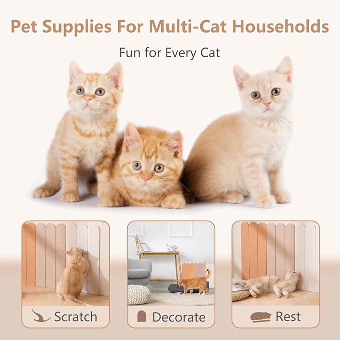 Cat Wall Scratcher, 35” Felt Cat Scratch Pad with Self-Adhesive Backing, Wall Mount Cat Scratching Mat for Indoor Cats, 3-Piece Pack Any Cut Combination (Light Gray)