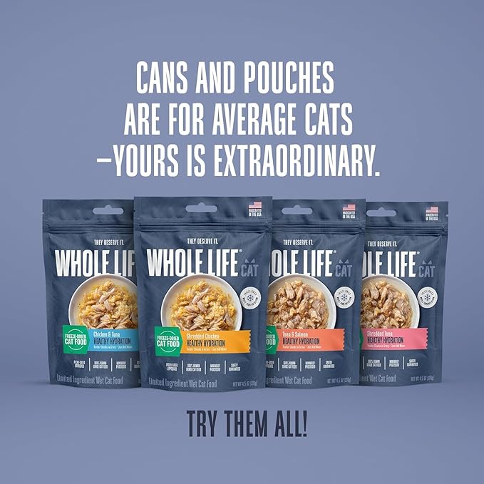 Whole Life Cat Freeze Dried Cat Food - Human-Grade Wet Food Toppers, Single Ingredient Snacks & Lickable Treats, Instantly Hydrating Natural Broth Just Add Water, Made in USA - Shredded Tuna, 4.5 Oz