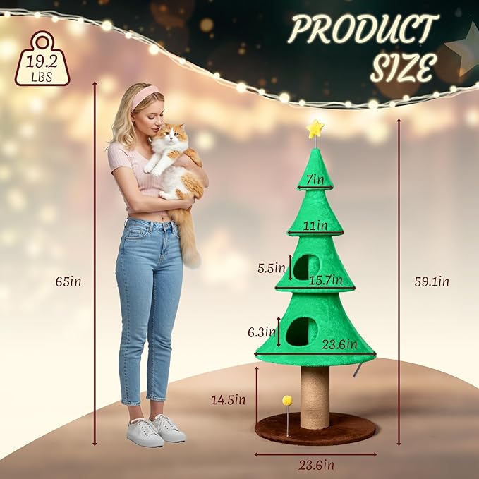 Outvita 59in Large Tall Christmas Tree Cat Tower with 2 Cat Condos & Scratching Post, Soft Fleece Cat Tree with Teaser Toy & Sturdy Base & Built-in Openings for Indoor Cats, Green