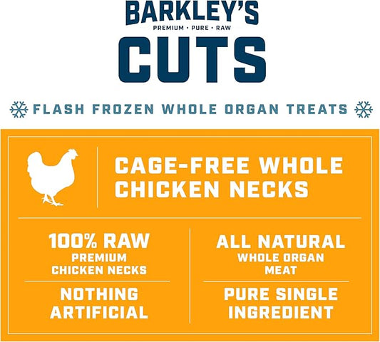 Barkley’s Cuts, Frozen Raw Whole Chicken Necks Dog Treats, Single Ingredient, Flash Frozen, High Protein Training Treats and Food Toppers for Puppies and Dogs, Human Grade Ingredients, 16 Oz Bag