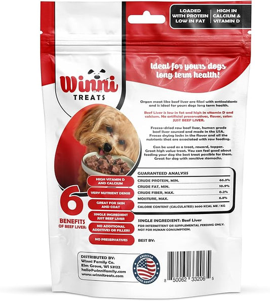 Winni Treats Freeze Dried Raw Beef Liver Dog Treats - Single Ingredient, Preservative-Free, Premium Beef Liver Treats, High in Protein, Calcium and Vitamin D, Low in Fat, Dog Treat Pack (4 Ounces)