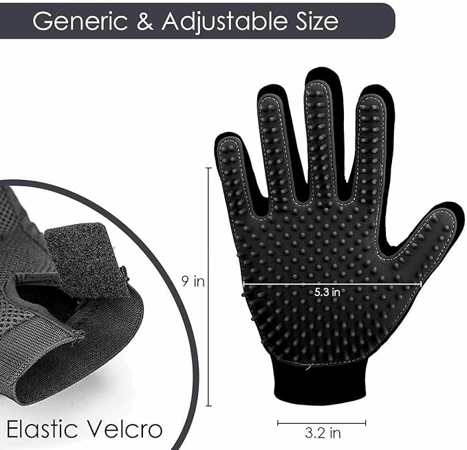 Premium Pet Grooming Gloves, Silicone Massage Brush for Dogs and Cats, Adjustable Size 9.13x6.77 Inch, Hair Removal and Bathing Tool (Black)