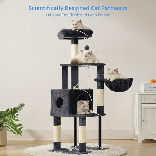 Heybly Cat Tree, 49.2 Inches Cat Tower for Indoor Cats, Spacious Cat House Condo with Hidden Space,Sturdy Steel Tube,Soft Plush Top Perch,Cozy Hammock and Sisal Scratching Posts, Smoky Gray HCT200SG