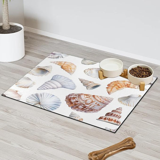 Tropical Seashell Dog Food Mat for Floors Absorbent Dog Bowl Mat for Food and Water Dispenser Quick Dry Cat Food Placemat Pet Supplies 16" x 24", Nautical Coastal