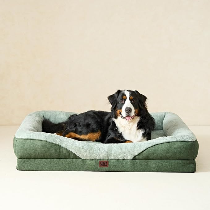 EHEYCIGA Orthopedic Dog Bed for Medium Dog, 35x22x6.5 Inch Memory Foam Dog Couch Bed with Sides, Waterproof Liner & Washable Removable Cover, Bolster Pet Sofa, Green