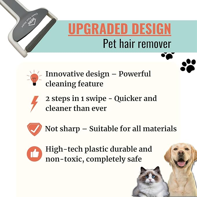 Upgraded BeBii Reusable Electrostatic Pet Hair Remover Tool – Deep Cleaner & Safe on Fabrics – Rubber Broom for Pet Hair, Reusable Cat & Dog Hair Remover for Clothes, Furniture, Rugs, Couches & Car