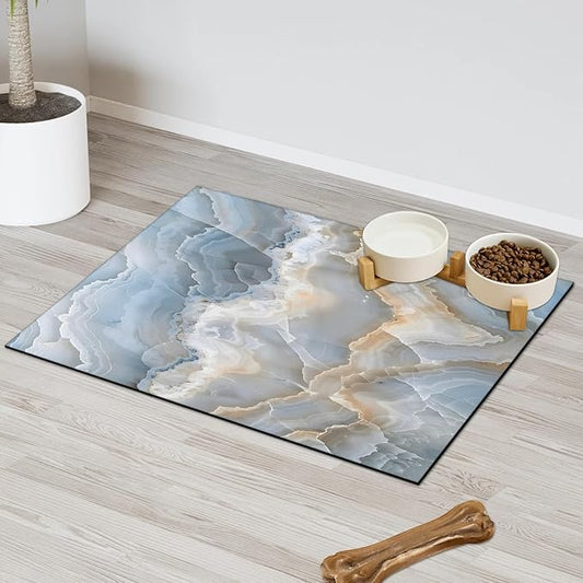 Abstract Marble Dog Food Mat for Floors Absorbent, Quick Dry Water Dispenser Mat for Food, Water, Pet Supplies 17" x 30", White Yellow