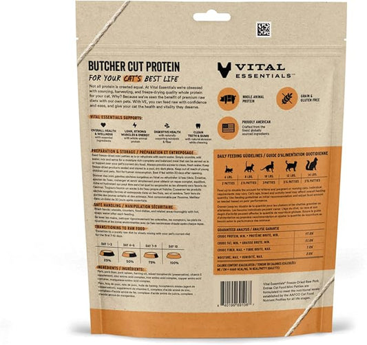 Vital Essentials Freeze Dried Cat Food, Raw Pork Mini Patties | Complete Meal or Topper | Easy to Portion and Rehydrate | High Protein, Grain Free Dry Cat Food | 3.75 oz Bag