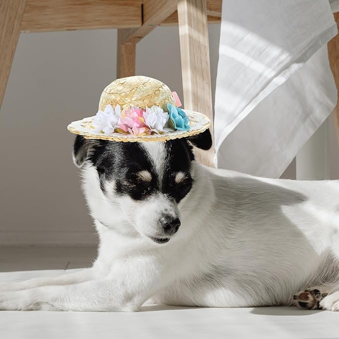 Pet Summer Straw Hat with Bowknot, Wear-Resistant Puppy Cosplay Hat, Decorative Small Size Outdoor Dog Accessory for Photo Props and Pet Supplies