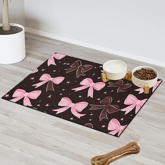 Black Pink Bow Dog Food Mat for Floors Absorbent, Quick Dry Water Dispenser Mat for Food, Water, Pet Supplies 16" x 24", Bownot