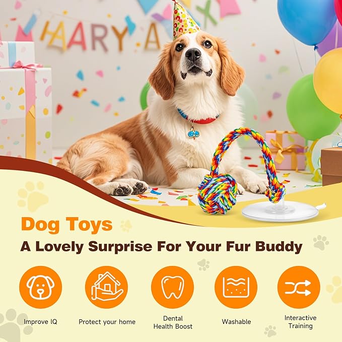 Interactive Tug-of-War Dog Toy with Strong Gel Suction Cup,Cotton Tug Rope,Puppy Teething Toy,Indestructible Chew Toy for Aggressive Chewers,for Small to Medium Dogs,Rainbow Colors