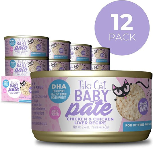 Tiki Cat Baby Pate Wet Cat Food for Kittens, Chicken & Chicken Liver, 2.4 oz. Can (12 Count)