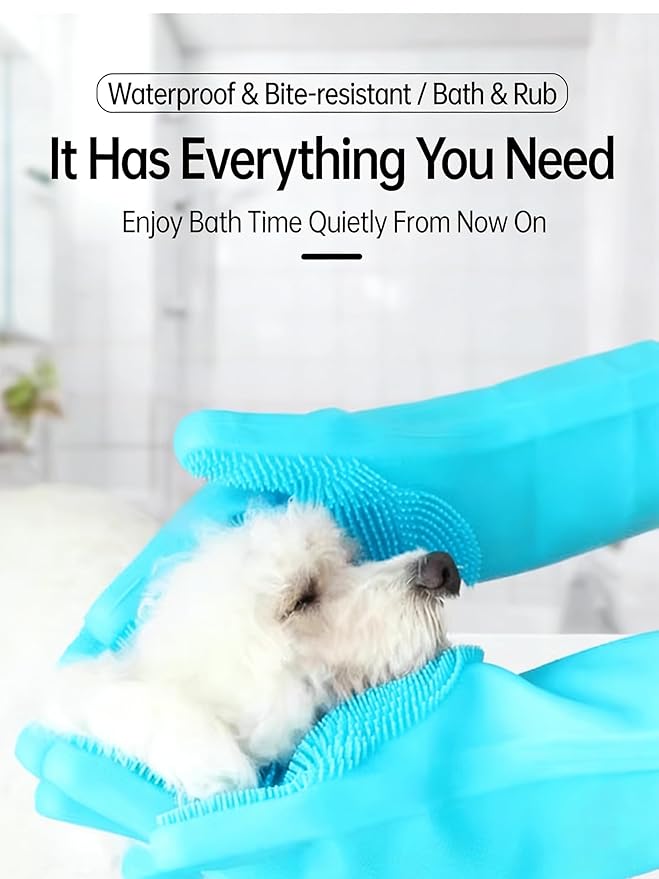 FurryGo Pet Grooming Gloves - Dog Washing Gloves with Bite-Resistant Long Sleeves Enhanced Five Finger Design for Bathing and Massaging Dogs and Cats, Blue
