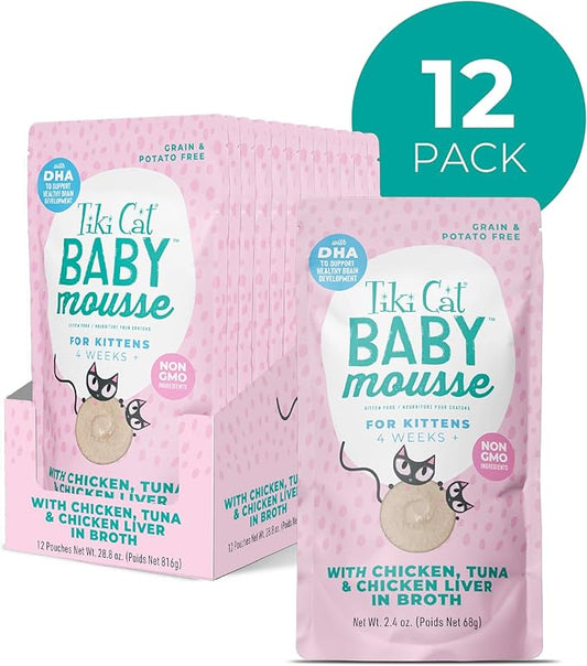Tiki Cat Baby Mousse Wet Cat Food, Chicken, Tuna & Chicken Liver, 2.4 oz. Pouch (12 Count)
